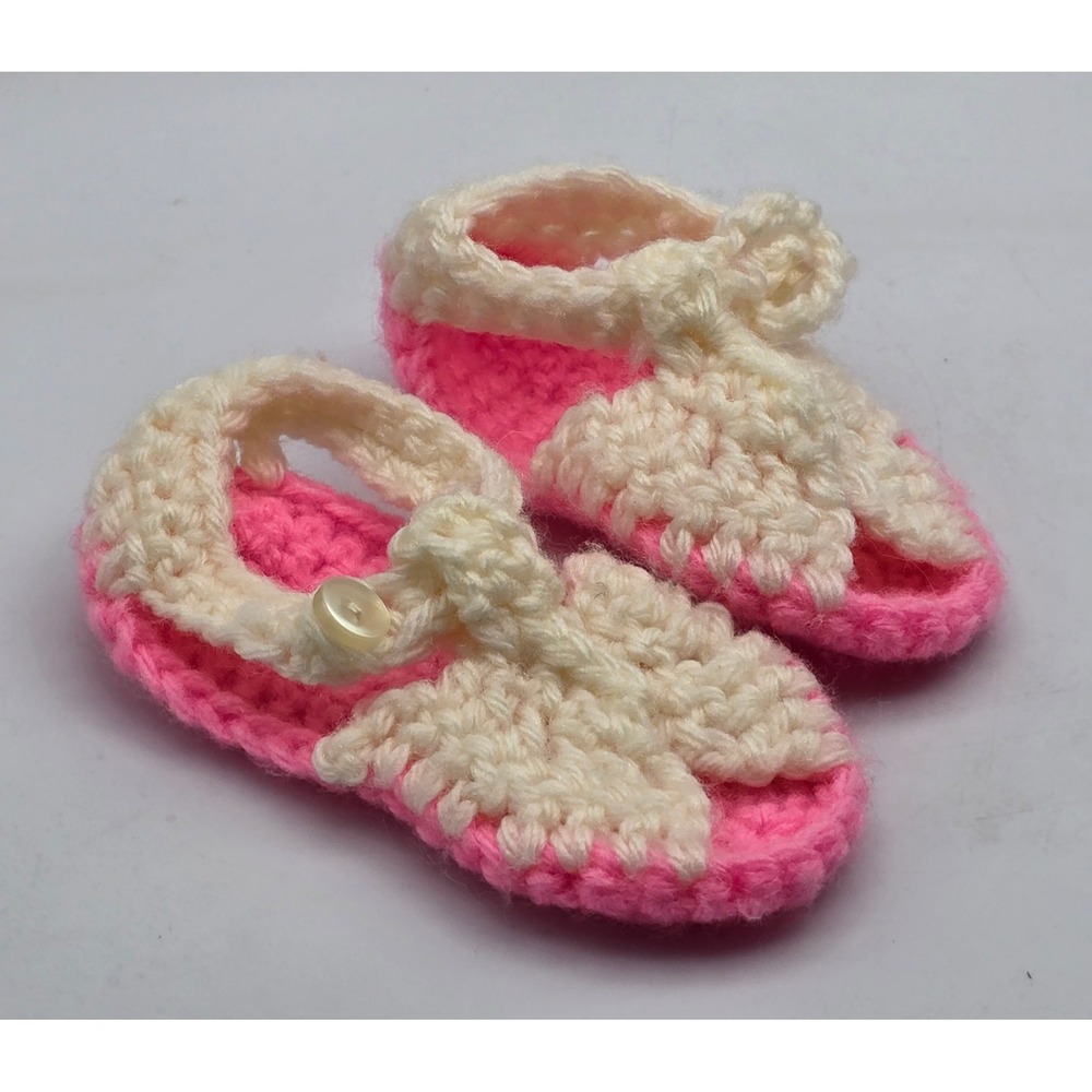 Vintage Handmade Crochet Baby Sandals Pink Cream Knit Booties Button Strap‎ 4C